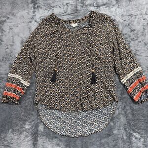 Mason & Belle Floral Peasant Blouse Womens Small Black Boho Tassel JFW59157D4